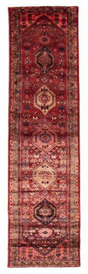Bordered  Geometric Red Runner rug 10-ft-runner Turkish Hand-knotted 384175